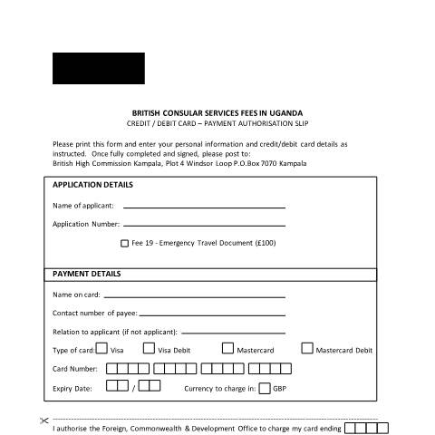 Document preview: Credit/debit card payment authorisation slip: Uganda — Foreign & Commonwealth Office, Foreign, Commonwealth & Development Office, United Kingdom