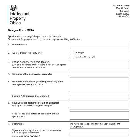 Document preview: Appointment or change of agent or contact address — Intellectual Property Office, United Kingdom