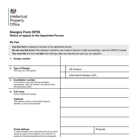 Document preview: DF55: Notice of appeal to the appointed person — Intellectual Property Office, United Kingdom