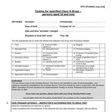 Document preview: Drugs Test 1 (DT1) form — Home Office, United Kingdom