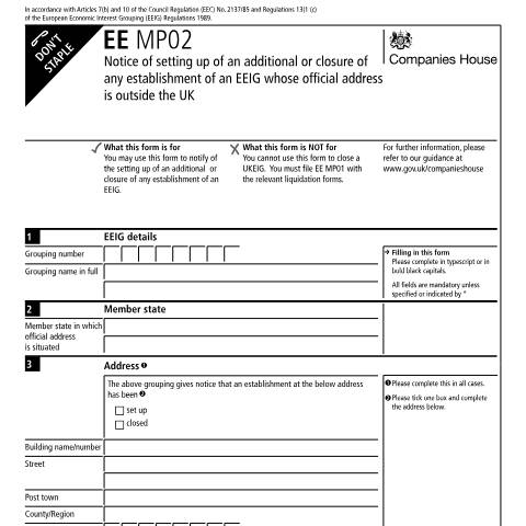 Document preview: Give notice of setting up or closure of an establishment of a UK economic interest grouping (UKEIG) whose address is outside the UK (EE MP02) — Companies House, United Kingdom