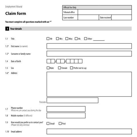 Document preview: Make a claim to an employment tribunal: Form ET1 — HM Courts & Tribunals Service, Employment Tribunal, United Kingdom