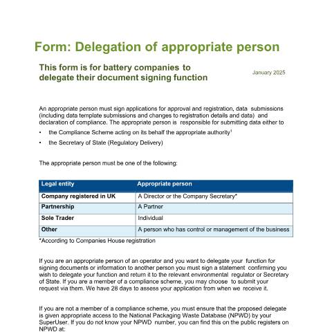 Document preview: Form: delegation of approved/appropriate person — Environment Agency, United Kingdom