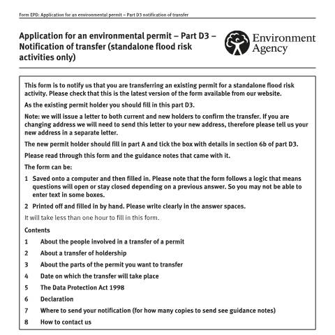 Document preview: Application for an environmental permit: part D3 notification of transfer — Environment Agency, United Kingdom