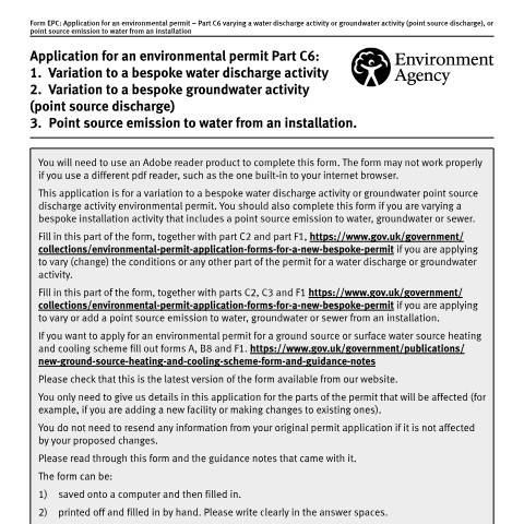 Document preview: Application for an environmental permit: part C6 vary a water discharge activity, groundwater activity, or point source emission to water from an installation — Environment Agency, United Kingdom