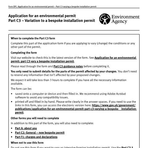 Document preview: Application for an environmental permit: part C3 vary a bespoke installation permit — Environment Agency, United Kingdom