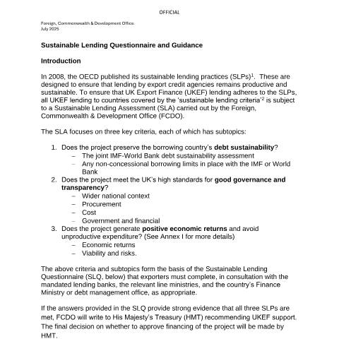 Document preview: Sustainable lending form — UK Export Finance, United Kingdom
