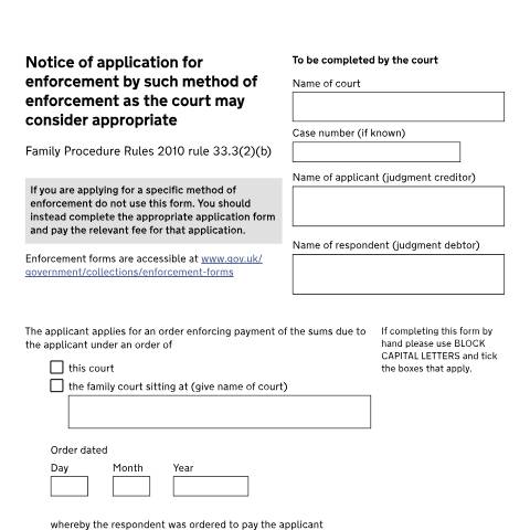 Document preview: Notice of Application for Enforcement by a method the court considers appropriate: Form D50K — HM Courts & Tribunals Service, United Kingdom