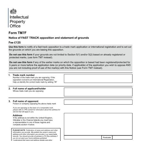 Document preview: Notice of fast track opposition and statement of grounds — Intellectual Property Office, United Kingdom
