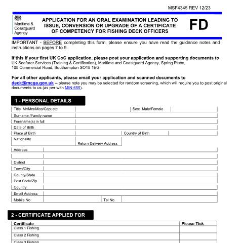 Document preview: How to apply for a fishing certificate of competency — Maritime and Coastguard Agency, United Kingdom