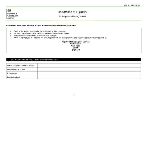 Document preview: Declaration of eligibility to register a fishing vessel — Maritime and Coastguard Agency, United Kingdom