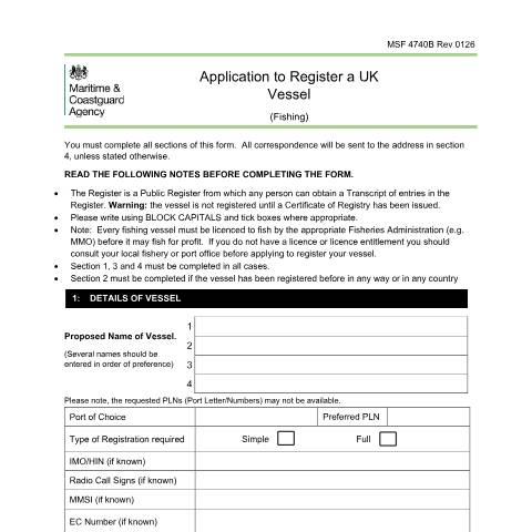 Document preview: Application form to register a UK fishing vessel — Maritime and Coastguard Agency, United Kingdom