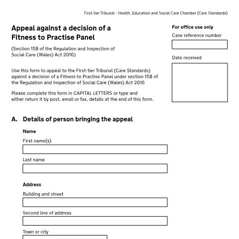 Document preview: Form CSW4: Appeal against a decision of a Fitness to Practise Panel — HM Courts & Tribunals Service, United Kingdom