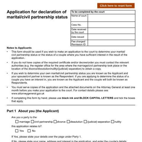 Document preview: Application for declaration of marital or civil partnership status: Form D70 — HM Courts & Tribunals Service, United Kingdom
