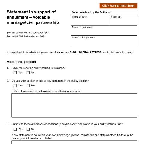 Document preview: Statement in support of annulment - voidable marriage / civil partnership: Form D80G — HM Courts & Tribunals Service, United Kingdom
