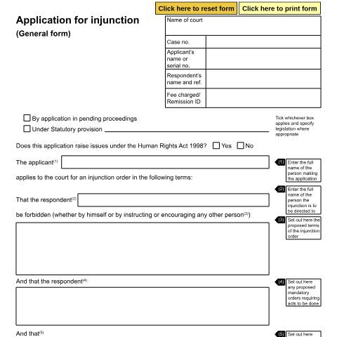 Document preview: Form FP3: Application for injunction (General form) — HM Courts & Tribunals Service, United Kingdom