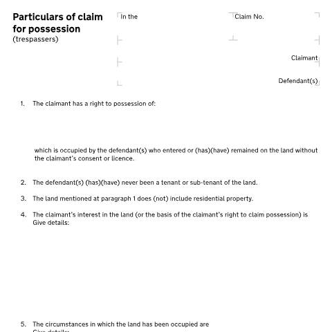 Document preview: Form N121: Particulars of claim (Trespassers) — HM Courts & Tribunals Service, United Kingdom