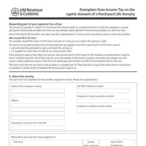 Document preview: Request an exemption from Income Tax on the capital part of a Purchased Life Annuity — HM Revenue & Customs, United Kingdom