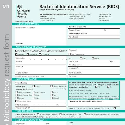 Document preview: AMRHAI bacterial identification request form — UK Health Security Agency, United Kingdom