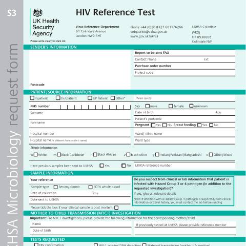 Document preview: HIV reference test referral form — UK Health Security Agency, United Kingdom