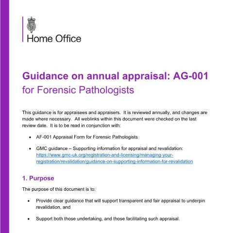 Document preview: Annual appraisal for forensic pathologists — Home Office, United Kingdom