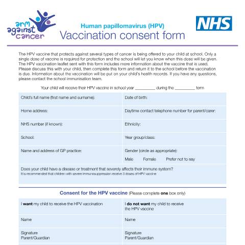 Document preview: Human papillomavirus (HPV) vaccination consent form — UK Health Security Agency, United Kingdom