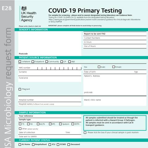 Document preview: COVID-19 (SARS-CoV-2): E28 laboratory testing request form — UK Health Security Agency, United Kingdom