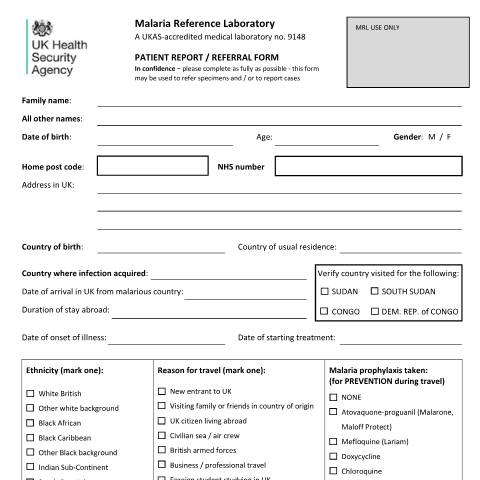 Document preview: Malaria report form — UK Health Security Agency, United Kingdom