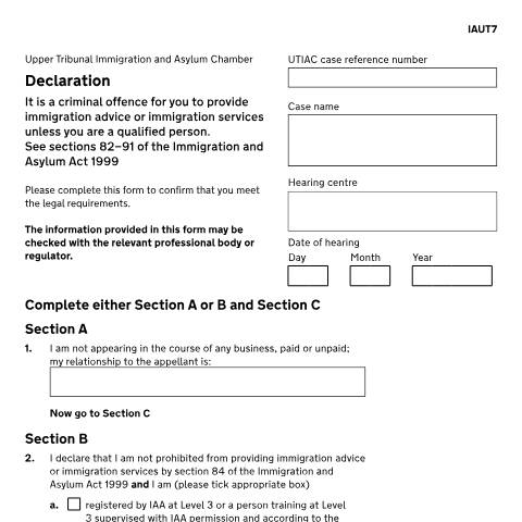 Document preview: Declare that you're qualified to provide immigration advice or immigration services: Form IAUT7 — HM Courts & Tribunals Service, United Kingdom