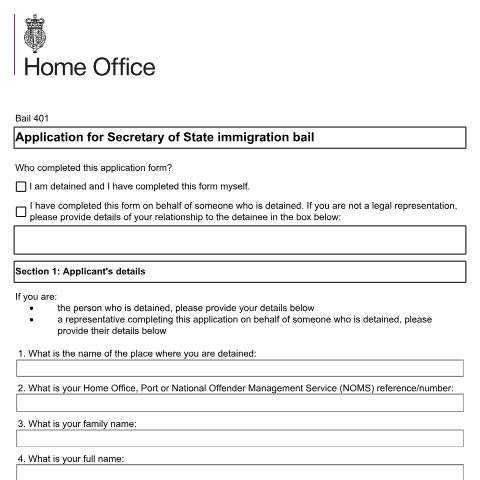 Document preview: Application for Secretary of State immigration bail — UK Visas and Immigration, United Kingdom