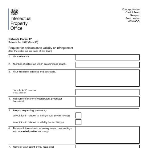Document preview: Request for opinion as to validity or infringement — Intellectual Property Office, United Kingdom