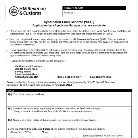 Document preview: International tax: application by a Syndicate Manager of a new syndicate (SLS-SM1) — HM Revenue & Customs, United Kingdom