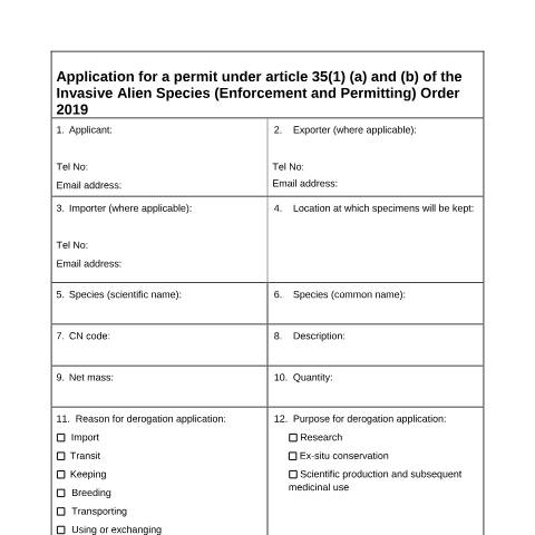 Document preview: Invasive alien species (non-native animals and plants): permit application — Animal and Plant Health Agency, United Kingdom