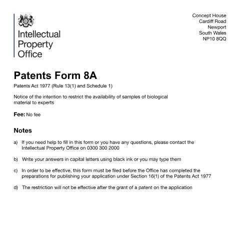 Document preview: Notice of intention to restrict samples of biological material — Intellectual Property Office, United Kingdom
