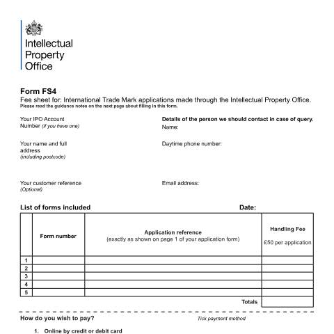 Document preview: Fee sheet for international trade mark applications — Intellectual Property Office, United Kingdom