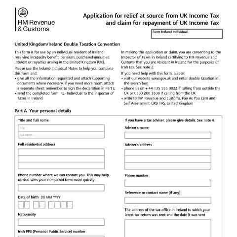 Document preview: Double Taxation: UK-Ireland (Form Ireland-Individual) — HM Revenue & Customs, United Kingdom