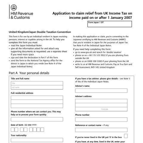 Document preview: UK-Japan Double Taxation convention (SI 2006 number 1924) (Form Japan-1-DT) — HM Revenue & Customs, United Kingdom