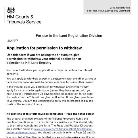 Document preview: Apply for permission to withdraw an application or objection: Form LRAPP7 — HM Courts & Tribunals Service, United Kingdom