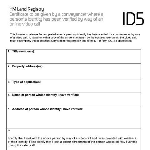 Document preview: Certificate to be given by a conveyancer where a person's identity has been verified by way of an online video call (ID5) — HM Land Registry, United Kingdom