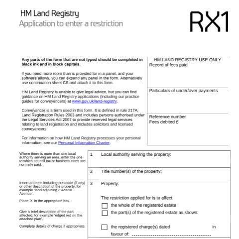 Document preview: Enter a restriction: registration (RX1) — HM Land Registry, United Kingdom