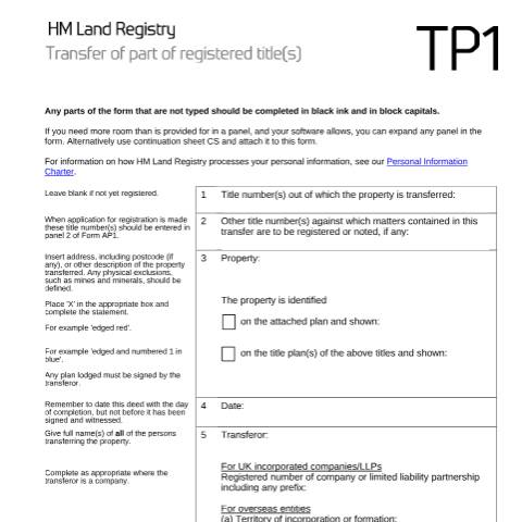 Document preview: Registered title(s): part transfer (TP1) — HM Land Registry, United Kingdom