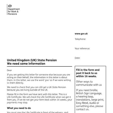 Document preview: Life Certificate form — Department for Work and Pensions, United Kingdom