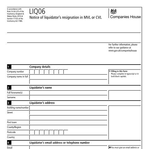 Document preview: Give notice of liquidator's resignation (LIQ06) — Companies House, United Kingdom