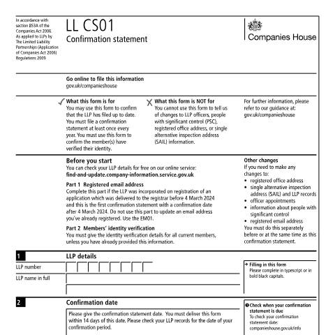 Document preview: Confirmation statement for a limited liability partnership (LL CS01) — Companies House, United Kingdom