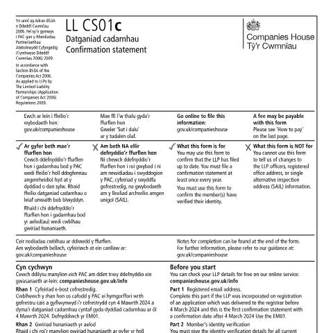 Document preview: Confirmation statement for a limited liability partnership (LL CS01c) — Companies House, United Kingdom