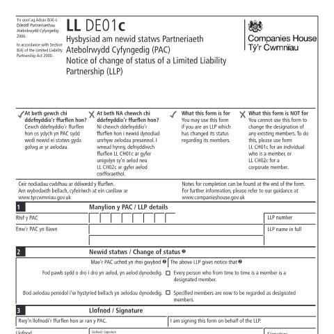 Document preview: Give notice of change of status of a limited liability partnership (LL DE01c) — Companies House, United Kingdom