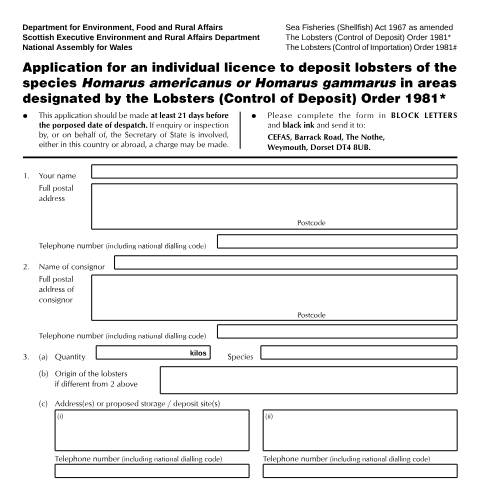 Document preview: Application for an individual licence to deposit lobsters: Lobster order 1981 — Department for Environment, Food & Rural Affairs, United Kingdom