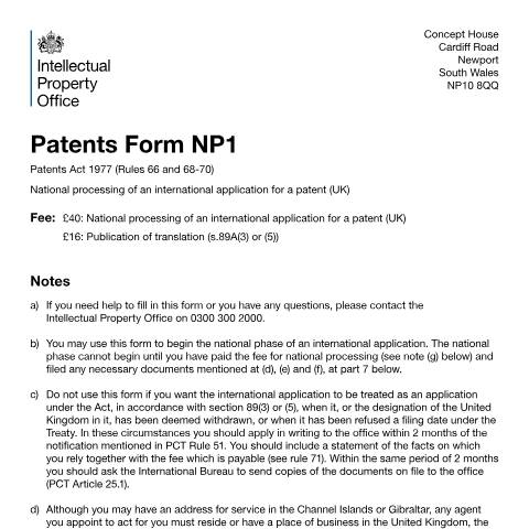 Document preview: National processing of international application for a patent (UK) — Intellectual Property Office, United Kingdom
