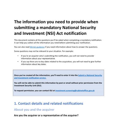 Document preview: National Security and Investment notification service: mandatory, voluntary and retrospective forms — Cabinet Office, United Kingdom