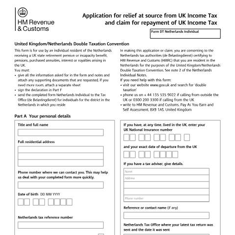 Document preview: Double Taxation: UK/Netherlands (Form Netherlands-Individual) — HM Revenue & Customs, United Kingdom